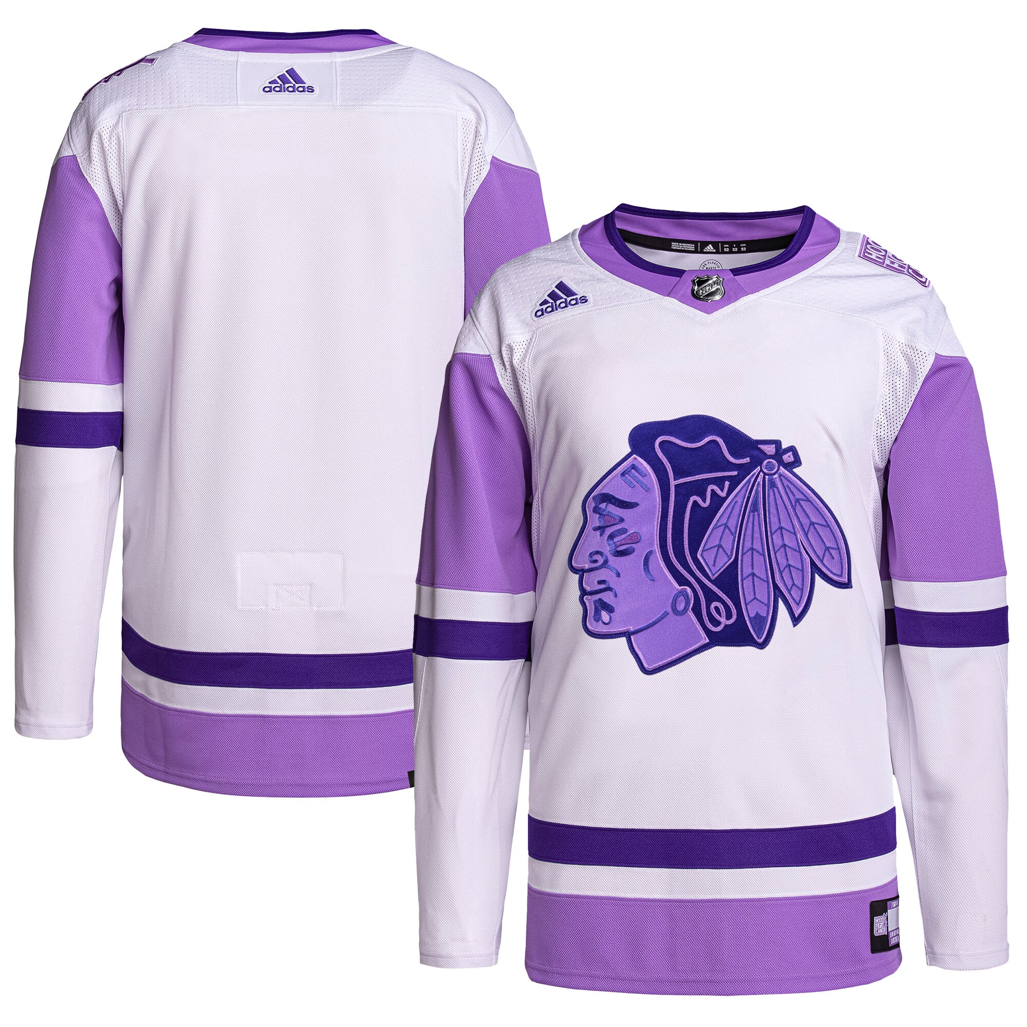 Chicago Blackhawks adidas Hockey Fights Cancer Primegreen Authentic Blank Practice Jersey – White/Purple