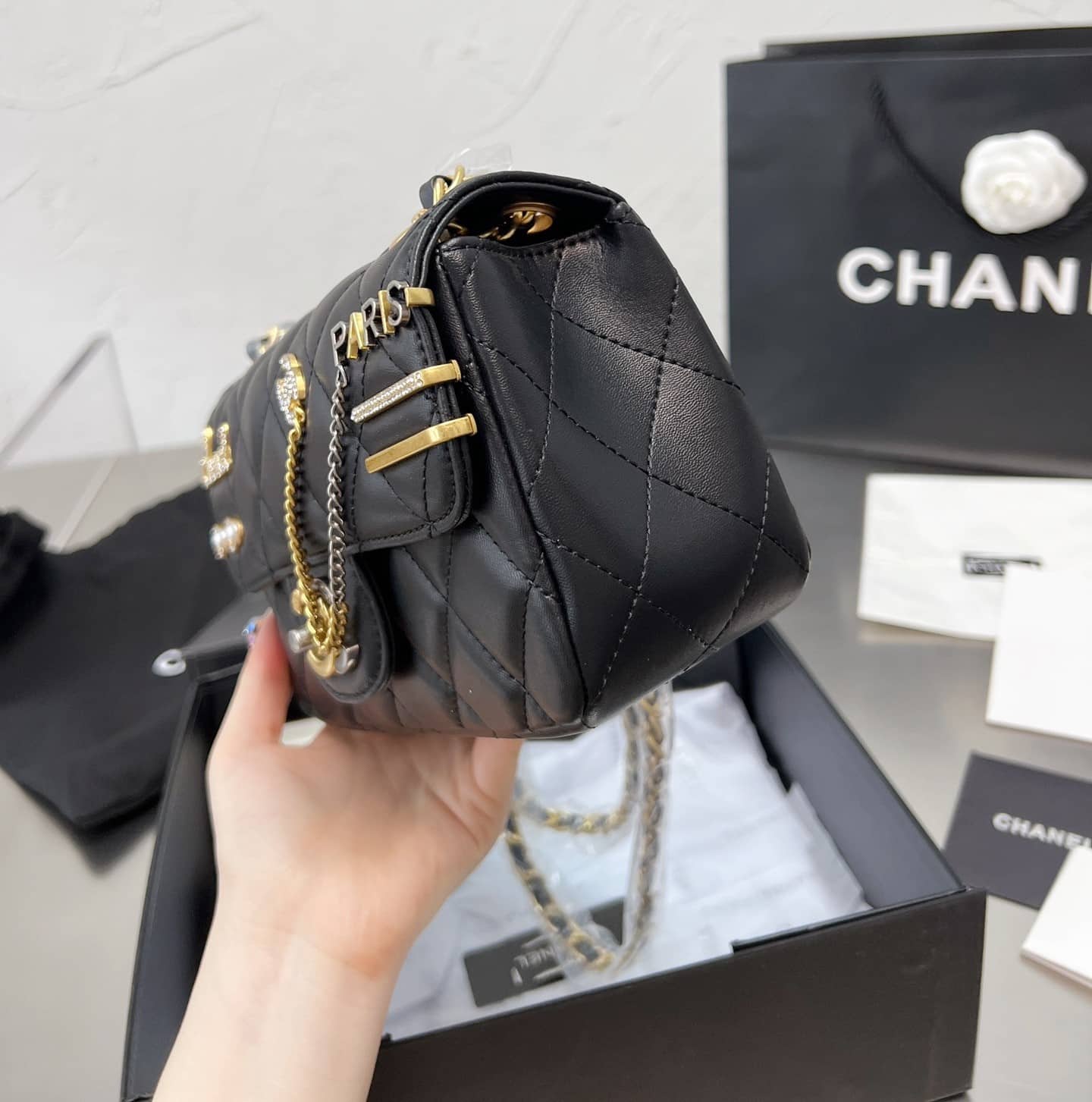 Chanel Quilted Mini Coco Clips Flap Gold And Ruthenium Hardware Black 20Cm