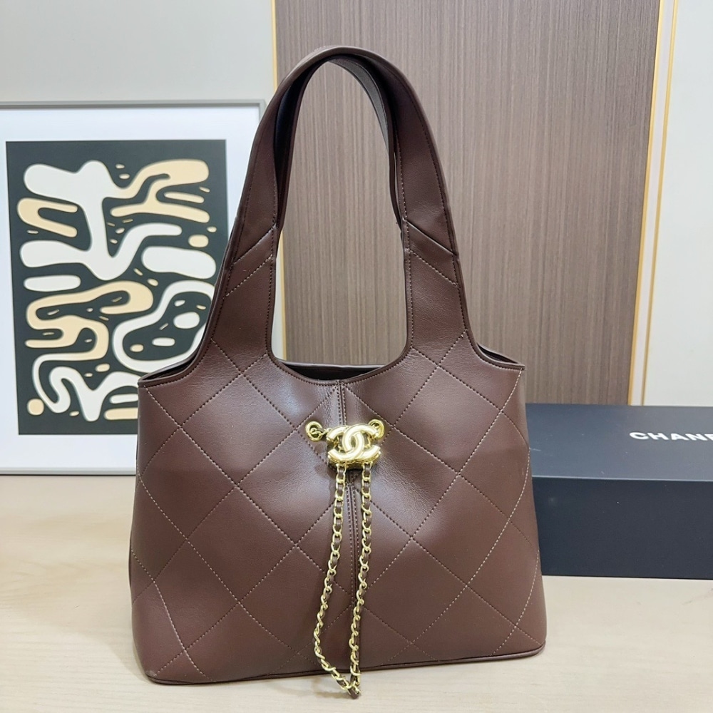 Chanel Large Shopping Bag Gold Tone Hardware Brown 32Cm