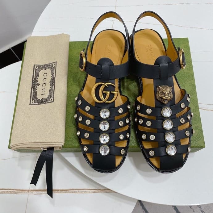 Gucci Rubber Crystal Embellishments Sandals Black