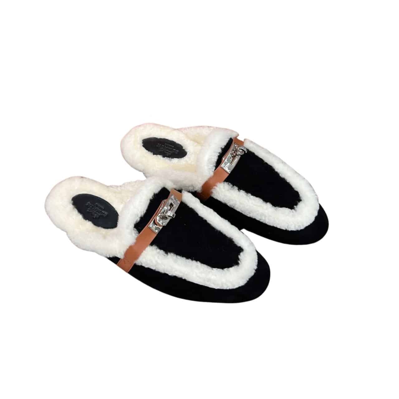 Hermes Oz Mule Shearling Black White
