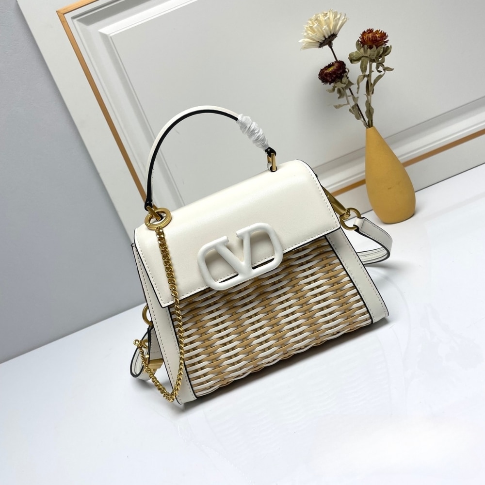 Valentino Garavani Small Vsling Wicker Handbag White 22Cm