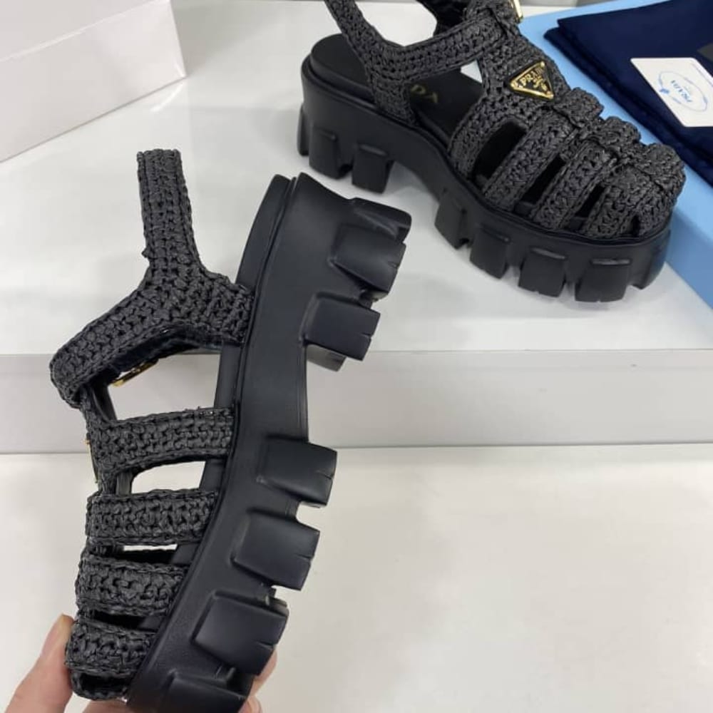 Prada Monolith Crochet Cage Sandals Black 1X138N 3L8W F0002 F 055
