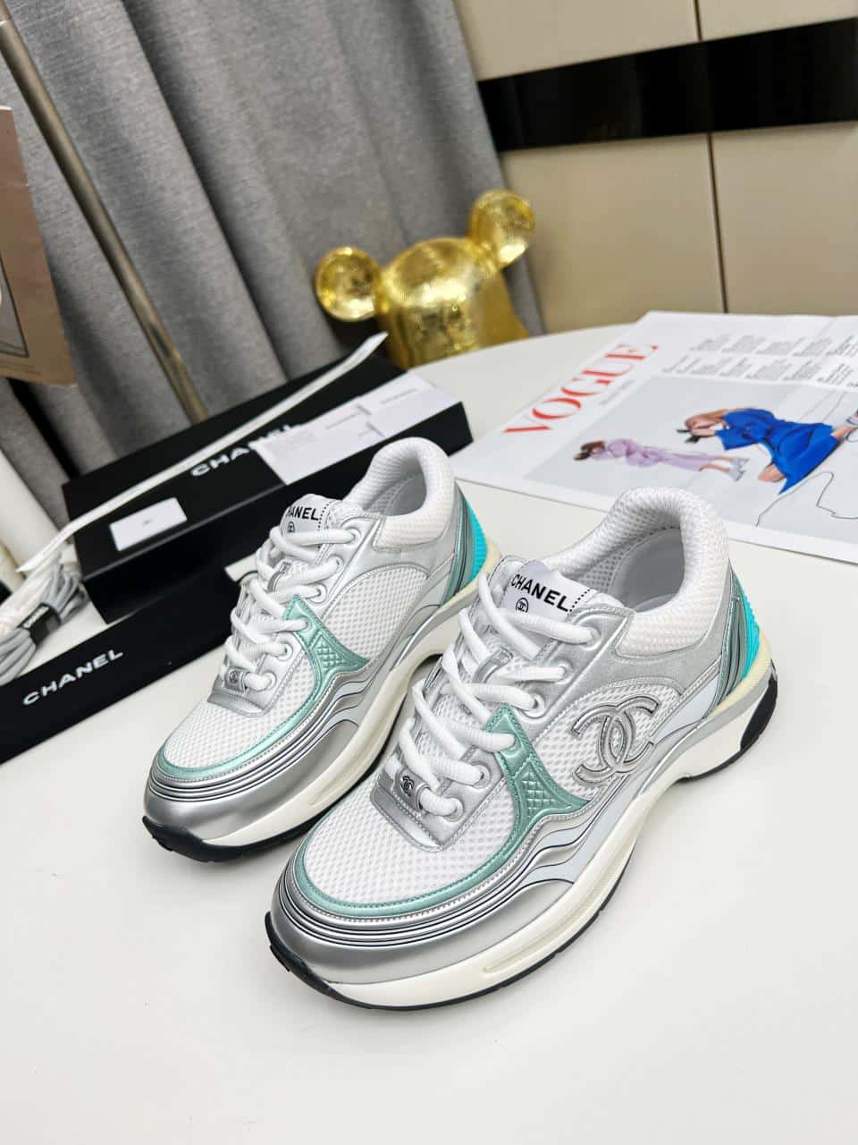 Chanel 23C Silver Metallic Cc Logo Lace Up Flat Runner Trainer Sneaker White Turquoise