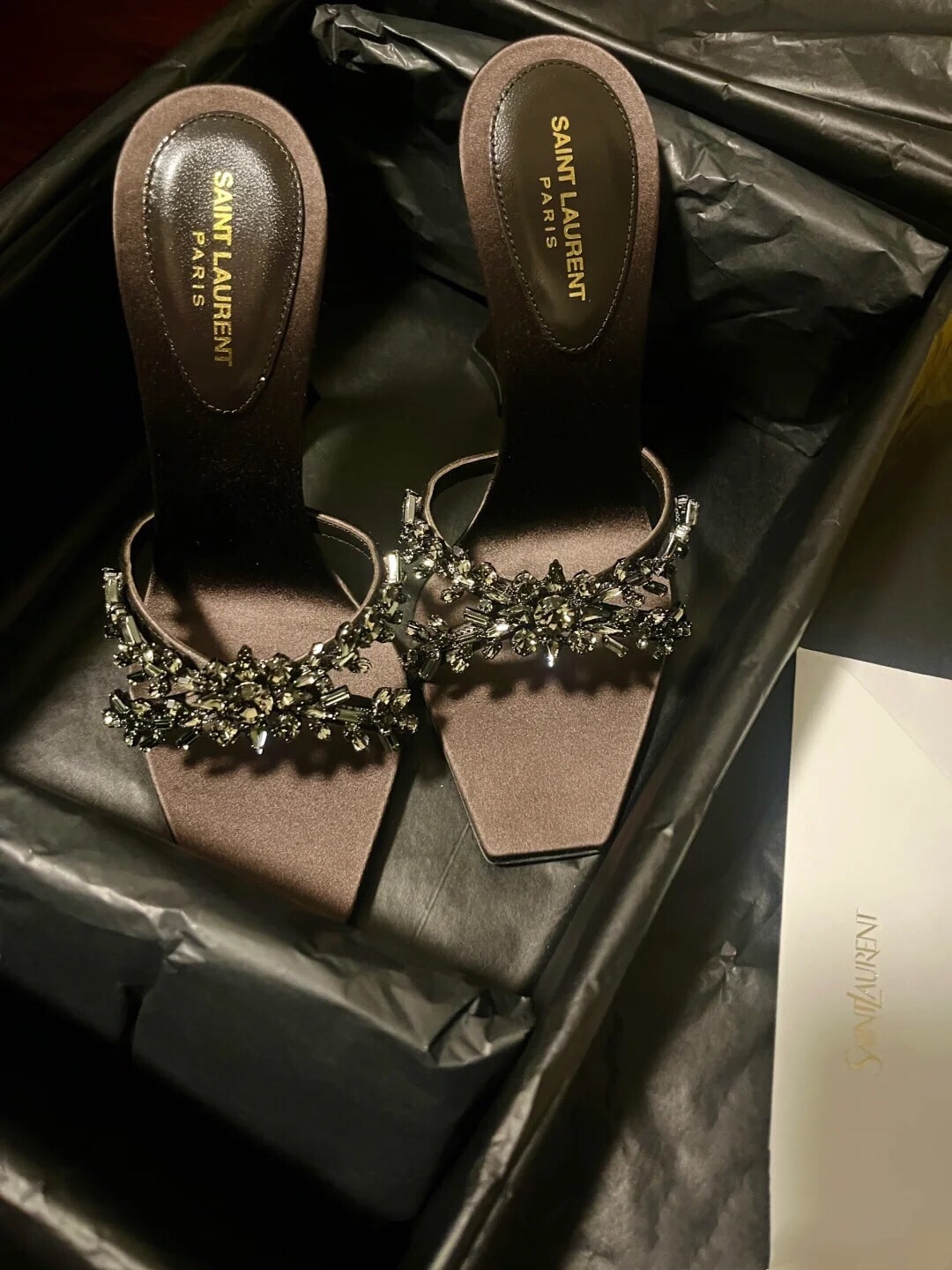 Saint Laurent Liz Mules In Satin And Rhinestones Black