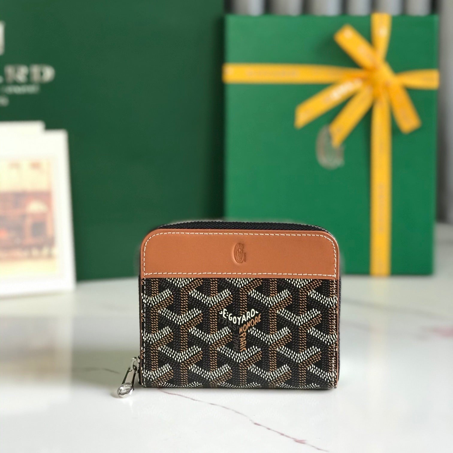 Goyard Matignon Mini Wallet 11 Cm Black Goyardine Canvas And Tan Calfskin