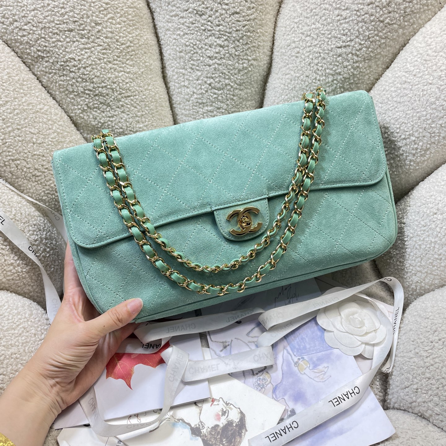 Spring-Summer 2026 Mint Green Quilted Suede Calfskin Classic Flap Handbag with Gold-Tone Hardware