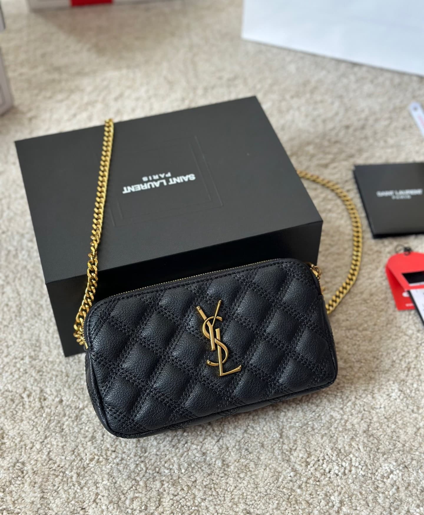 Saint Laurent Becky Quilted Double Zip Pouch Bag Black 20Cm