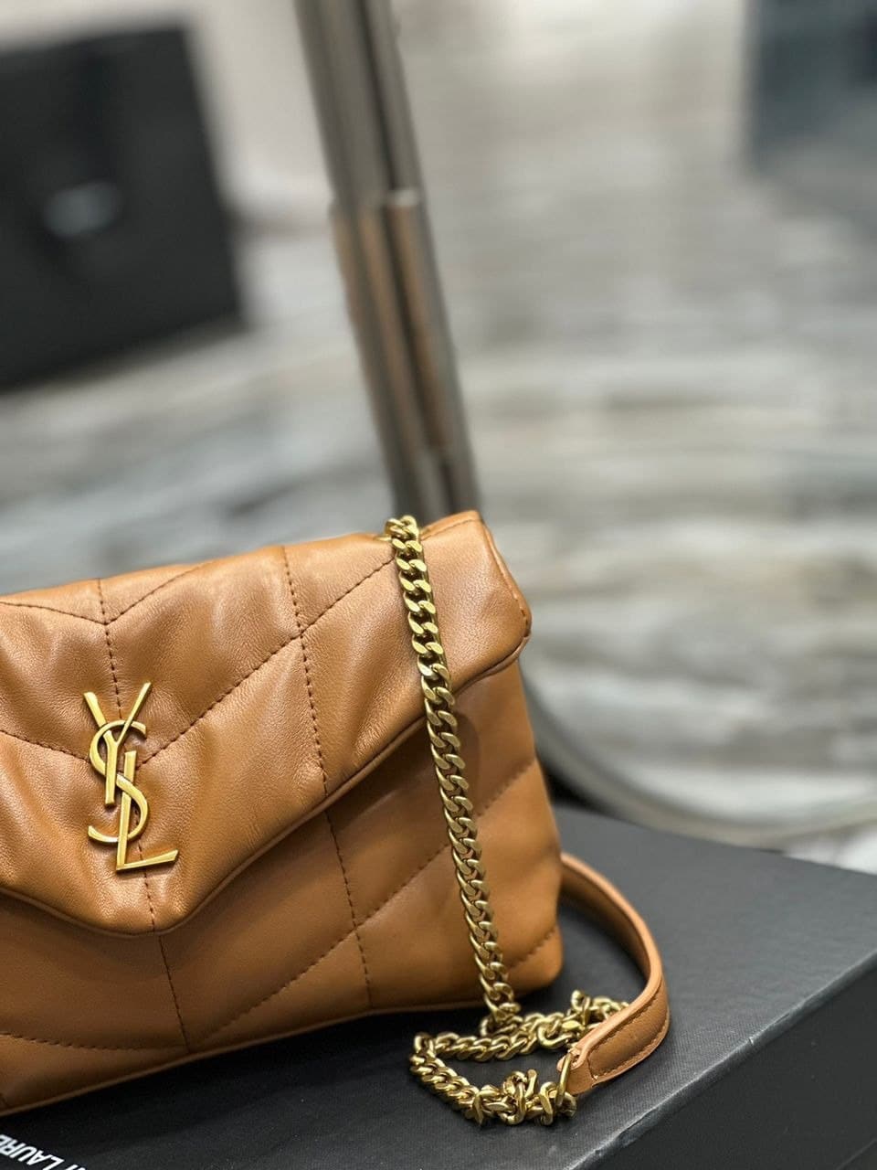 Saint Laurent Puffer Toy Bag In Quilted Light Brown 26Cm