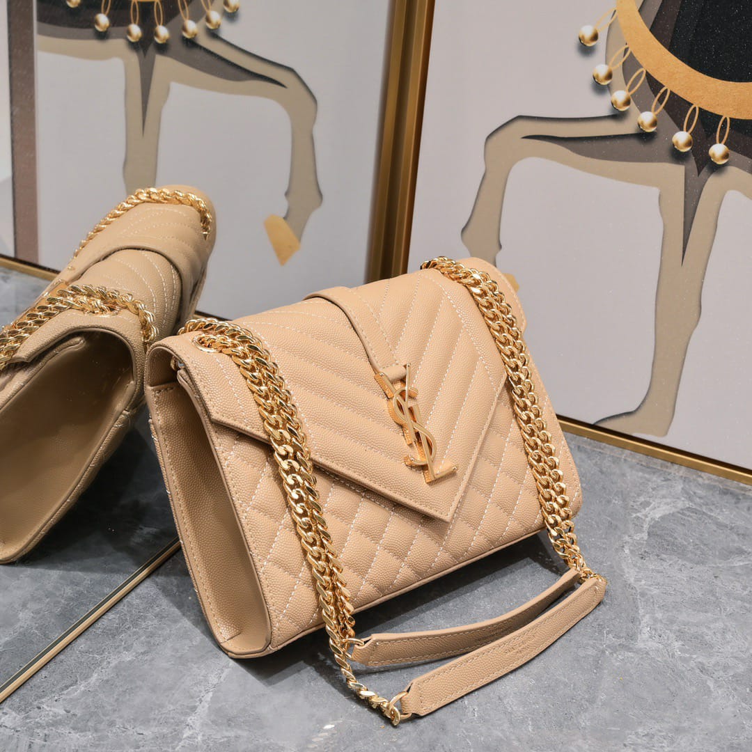 Saint Laurent Envelope Matelassé Grain De Poudre Dark Beige 24Cm