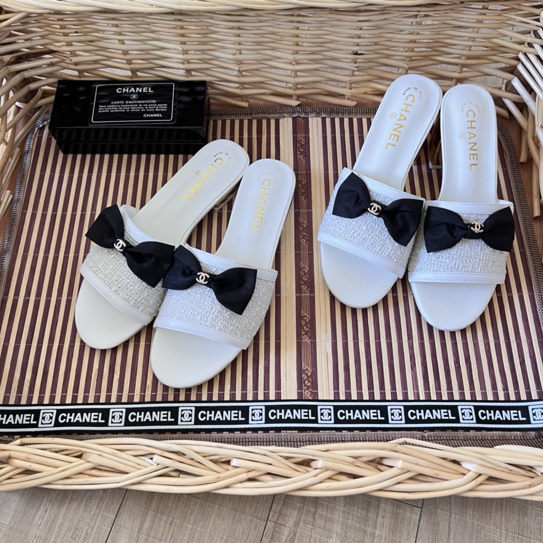 Chanel Grosgrain Ribbon Bow Flat Sandal Tweed White