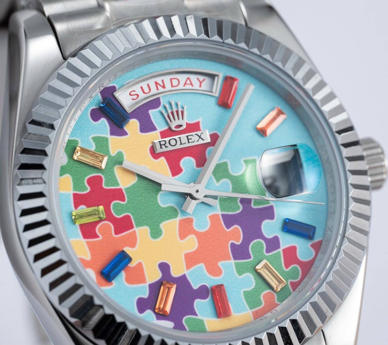 [Superclone] Rolex Day-Date 36mm Rainbow Sapphire & Puzzle Dial White President 128235