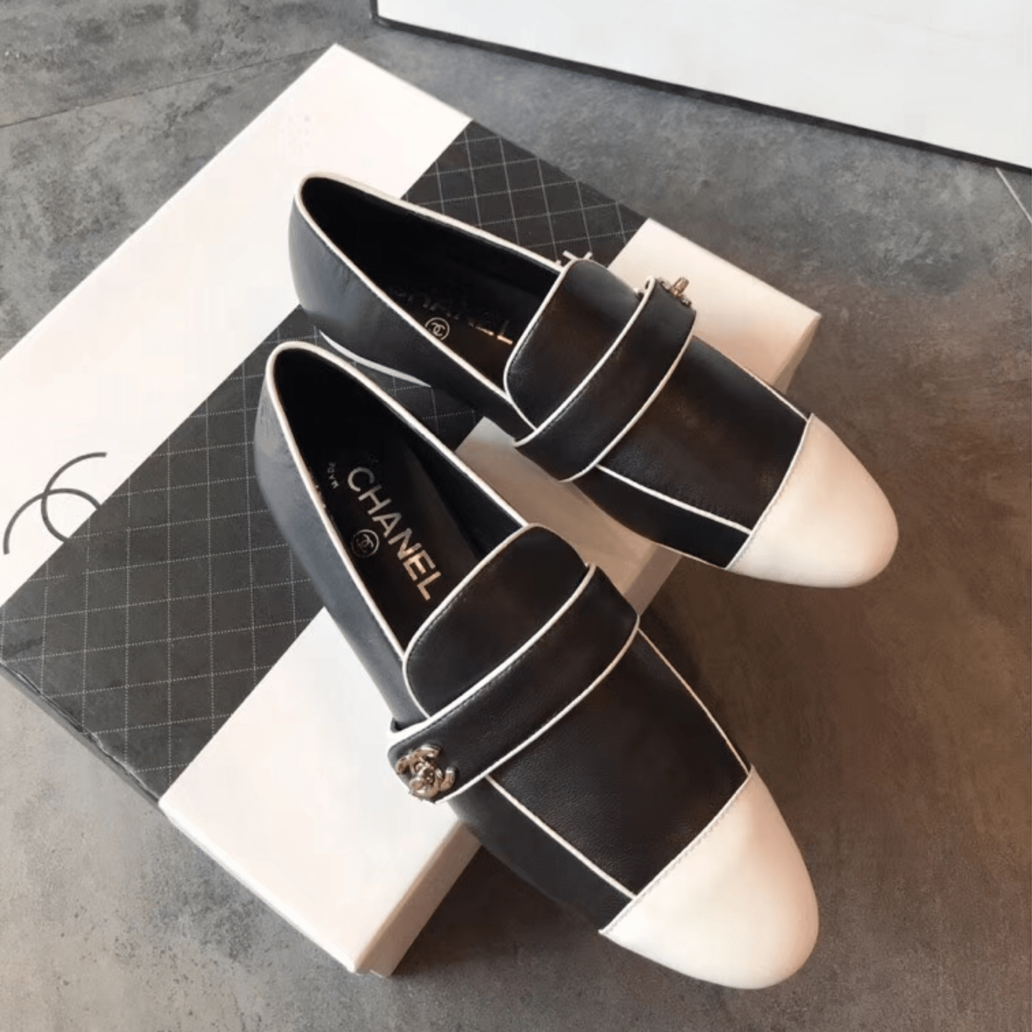 Chanel Leather Cc Cap Toe Slip On Loafers Black