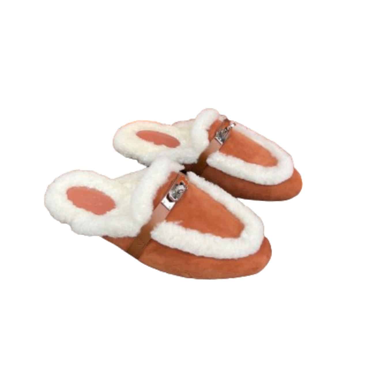Hermes Oz Mule Shearling Brown White
