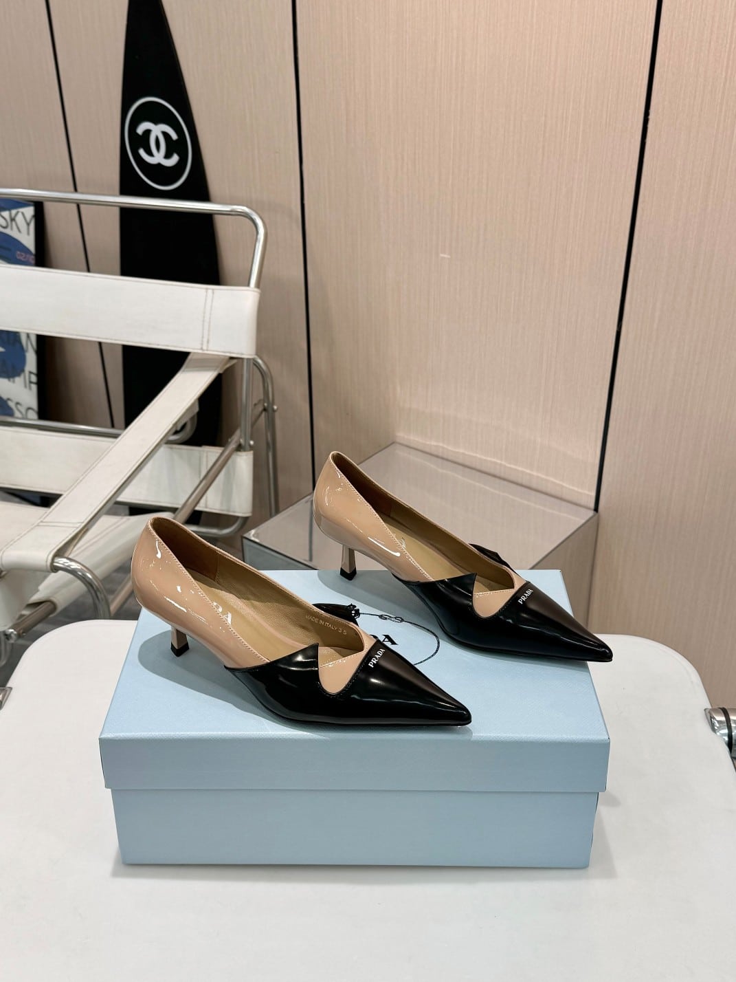 Prada Two Tone Toe Kitten Heels In Black And Beige