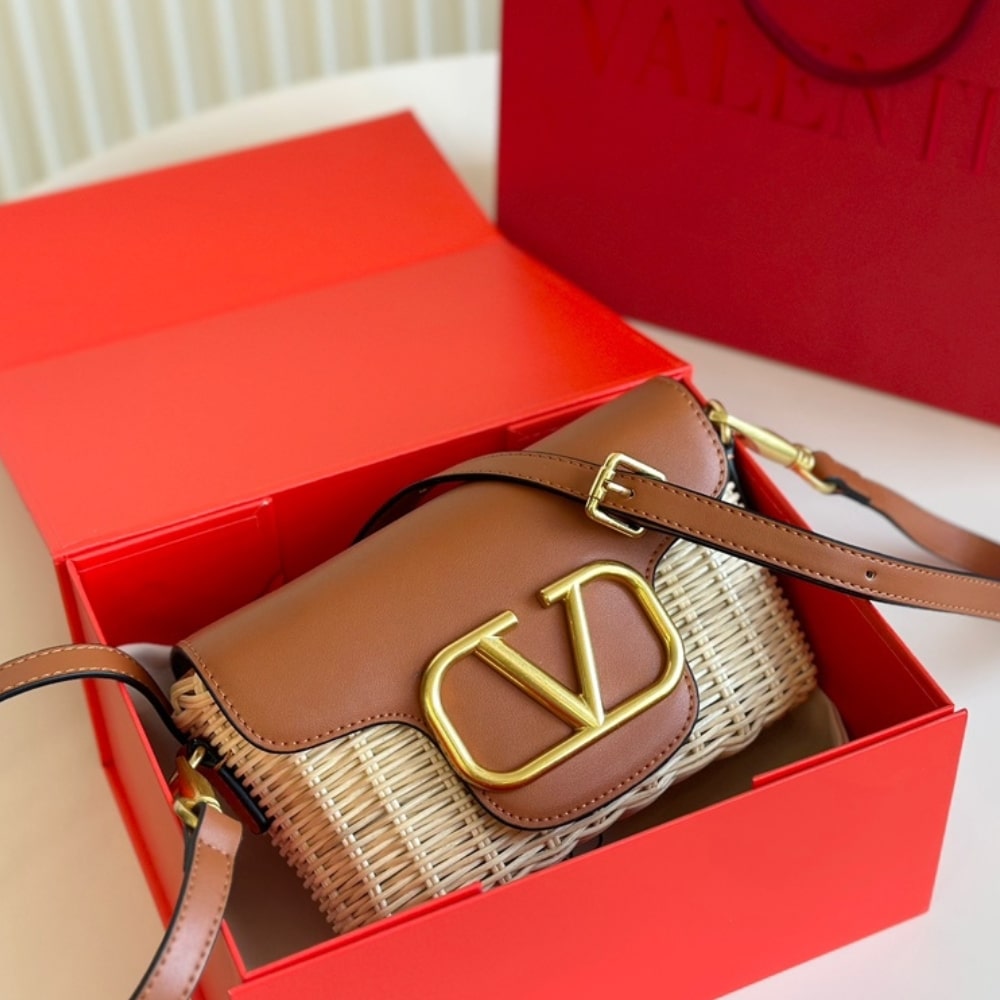 Valentino Loco VLogo Flap Straw Shoulder Bag Brown 18Cm