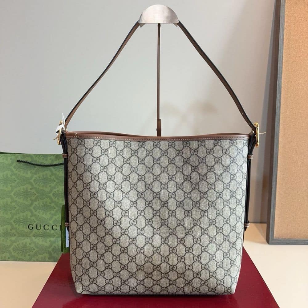 Gucci GG Emblem Medium Bucket Bag Beige And Dark Brown Fabric 31Cm 815103 FAD6L 9758