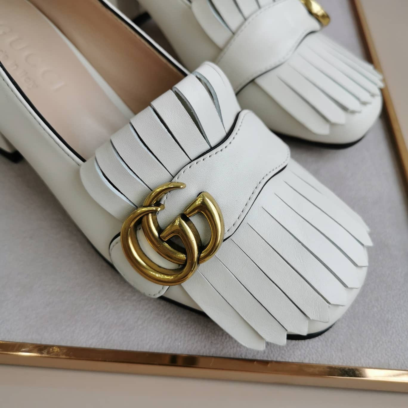 Gucci Wmns White Leather Mid-Heel Pump