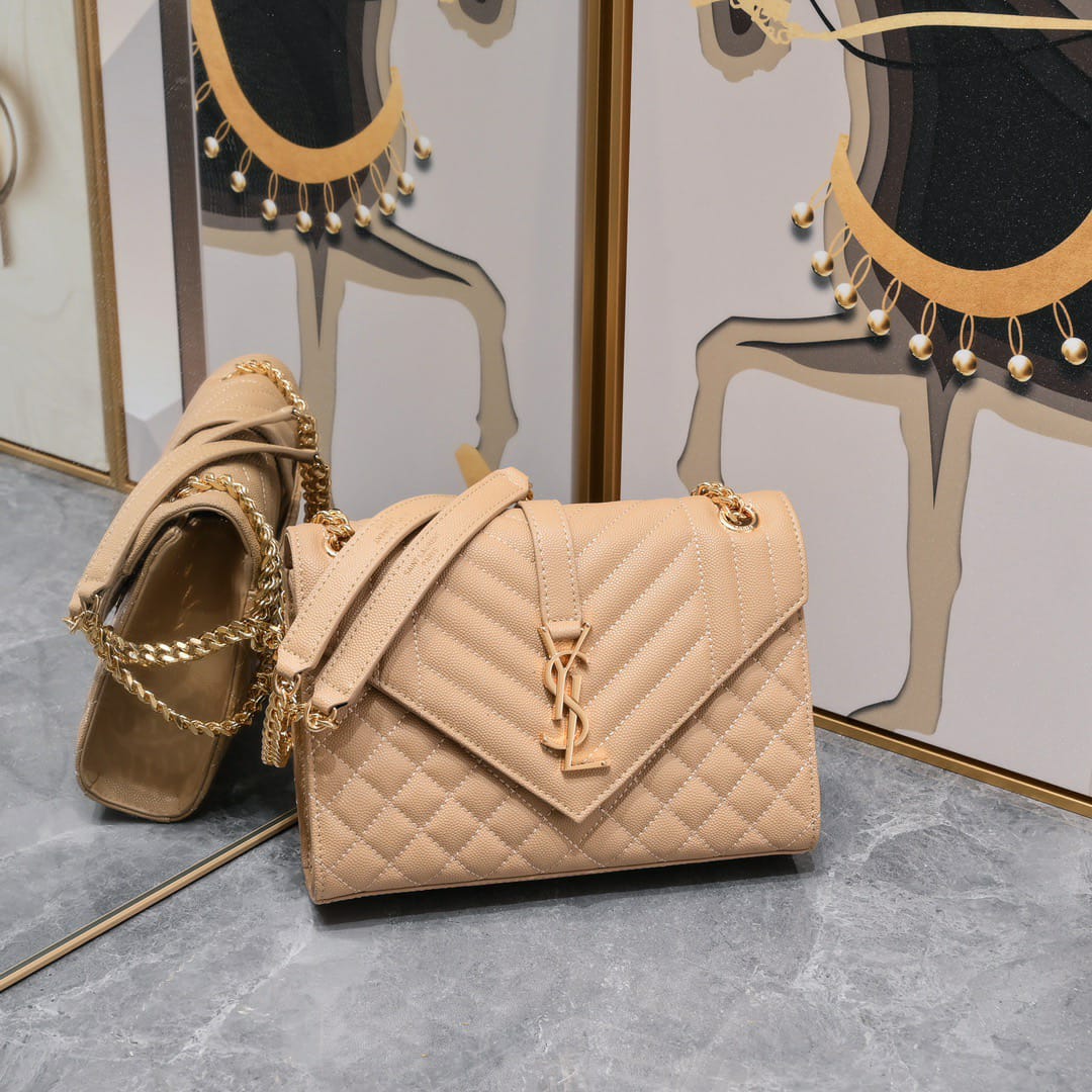 Saint Laurent Envelope Matelassé Grain De Poudre Dark Beige 24Cm