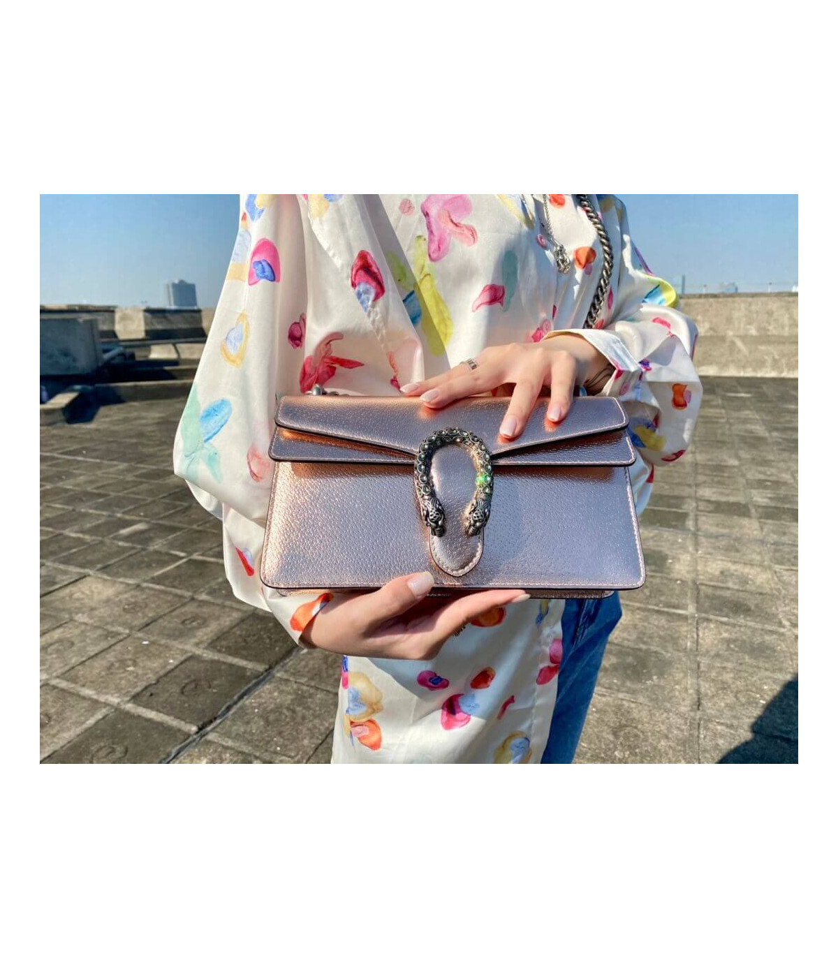 Gucci Dionysus Small Shoulder Bag in Rose Gold Lame Leather