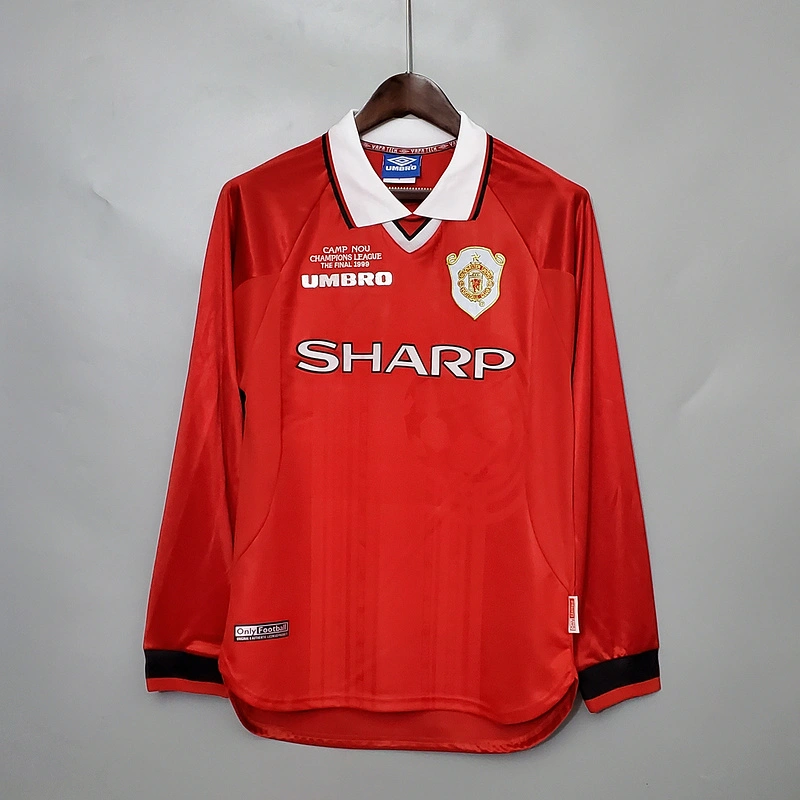 Retro long-sleeved 1999-00 Manchester United Champions League version home BECKHAM GIGGS KEANE SHERINGHAM  Football jersey retro