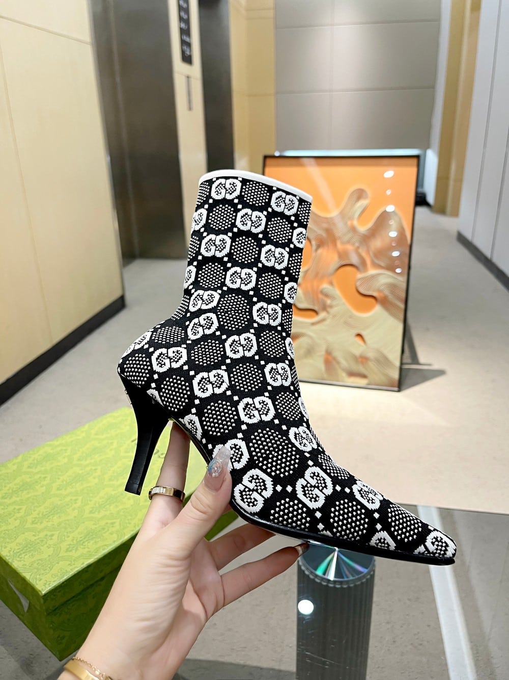 Gucci Gg 75Mm Knit Ankle Boots Black White Fabric 718378 Faaqp 1008