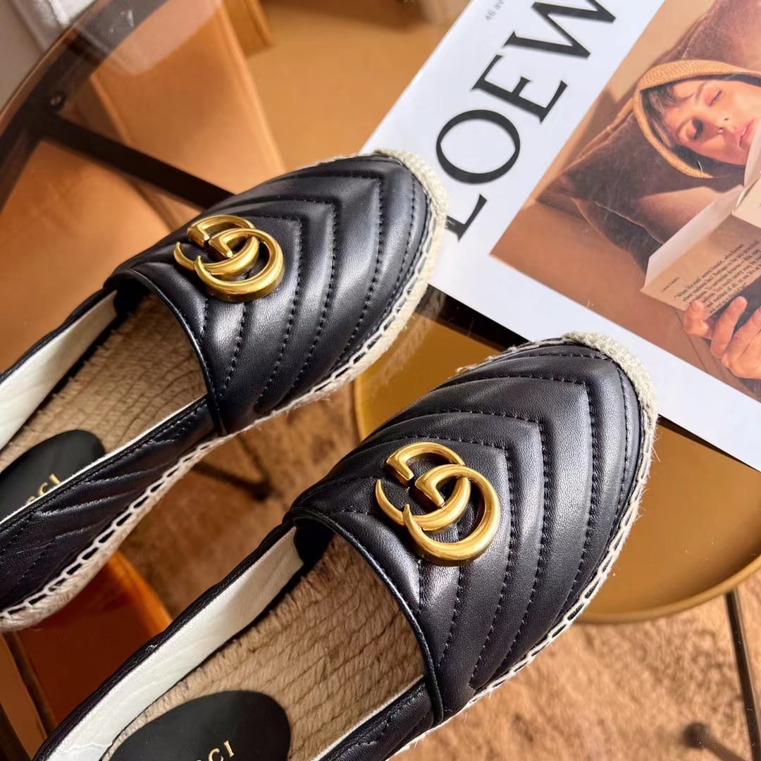 Gucci Espadrille Matelasse Chevron Leather With Double G Black 551890 Bko00 1000