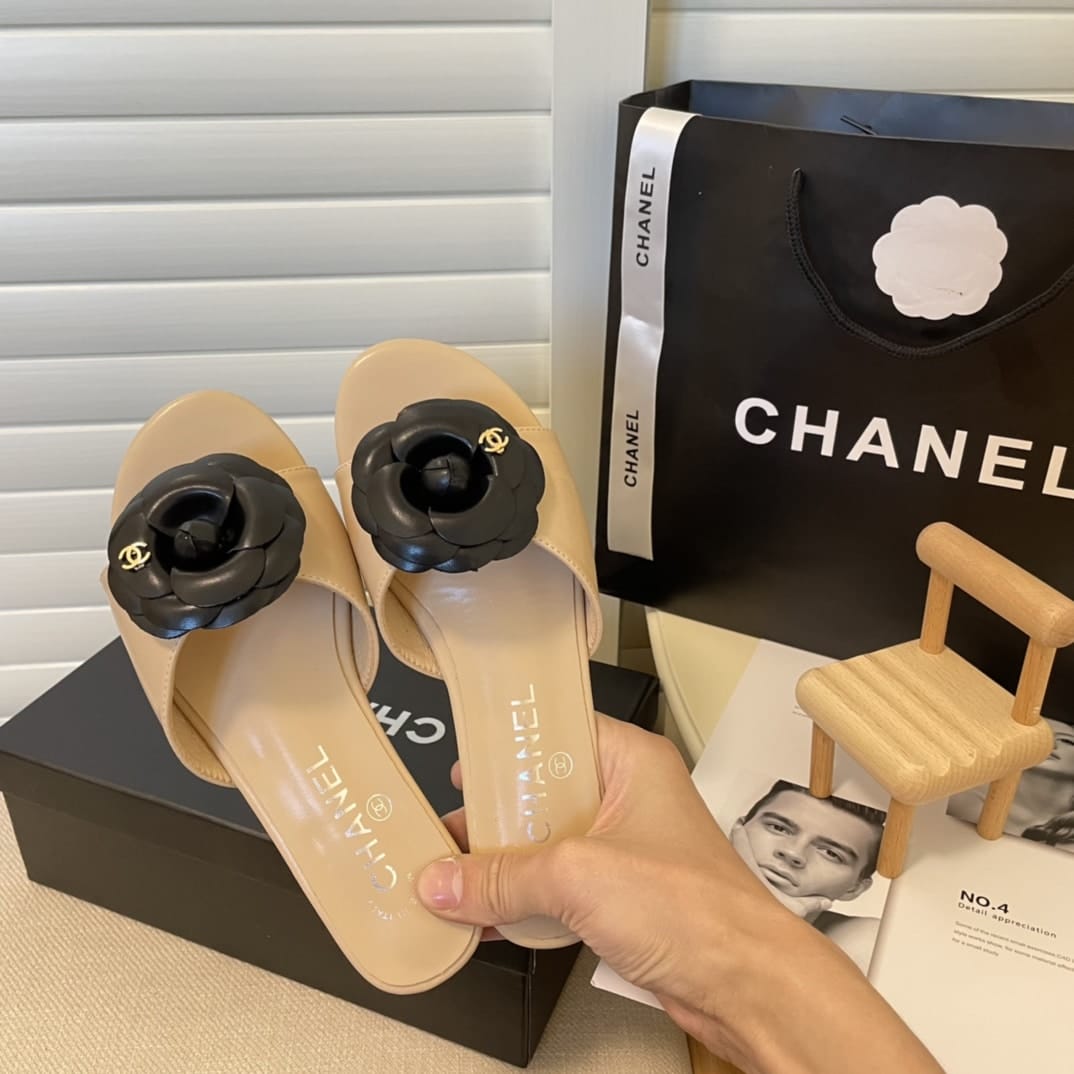 Chanel Black Camellia Slides Beige