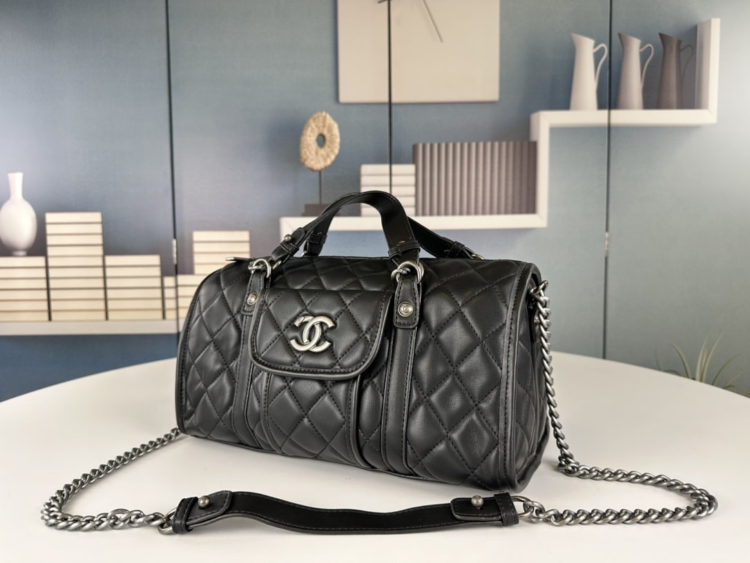 Chanel Casual Riviera Bowling Bag Quilted Calfskin Medium Black 32Cm/12.6in