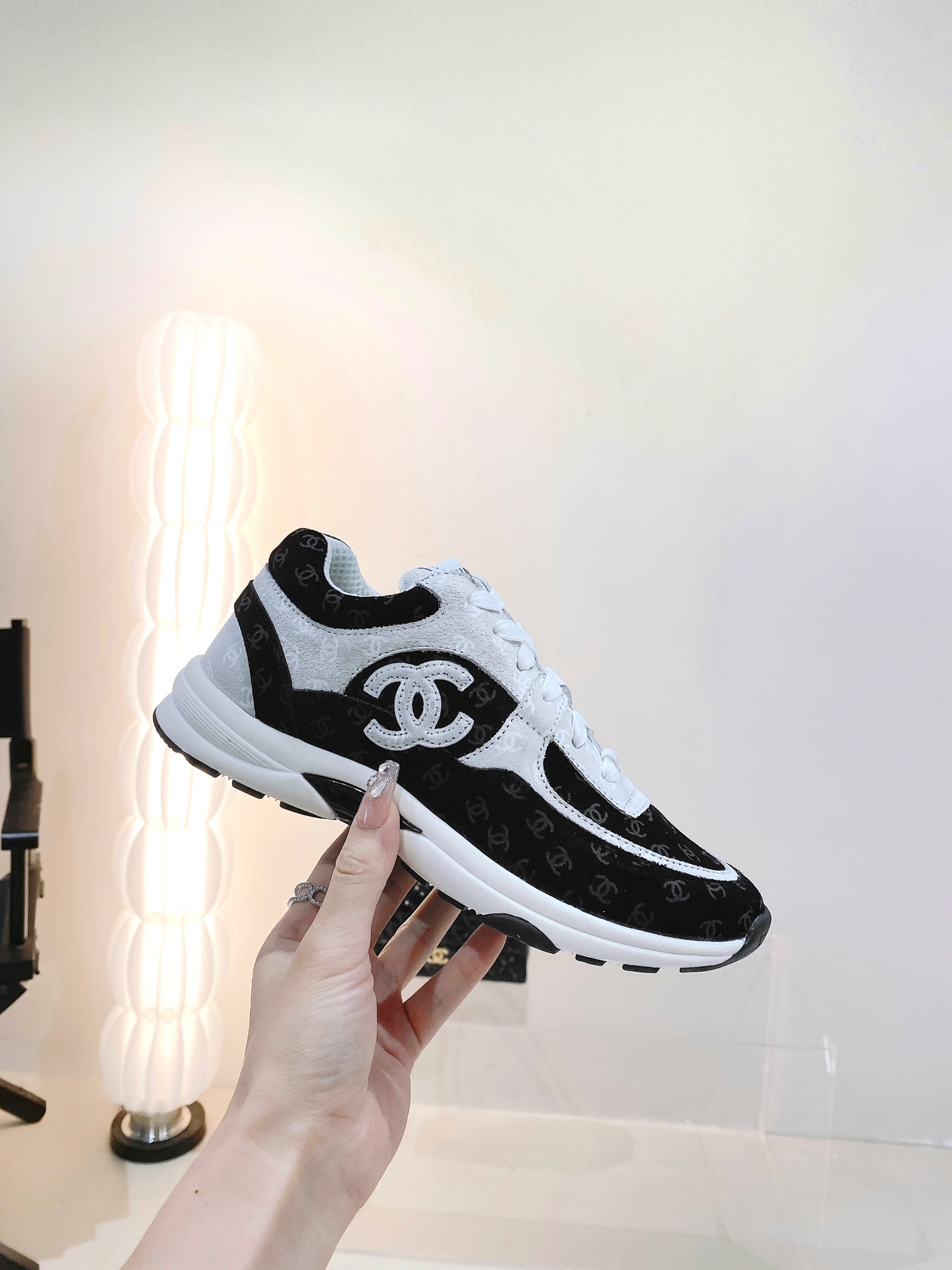 Chanel Printed Suede Calfskin Sneakers White And Black G39230 X56653 94305