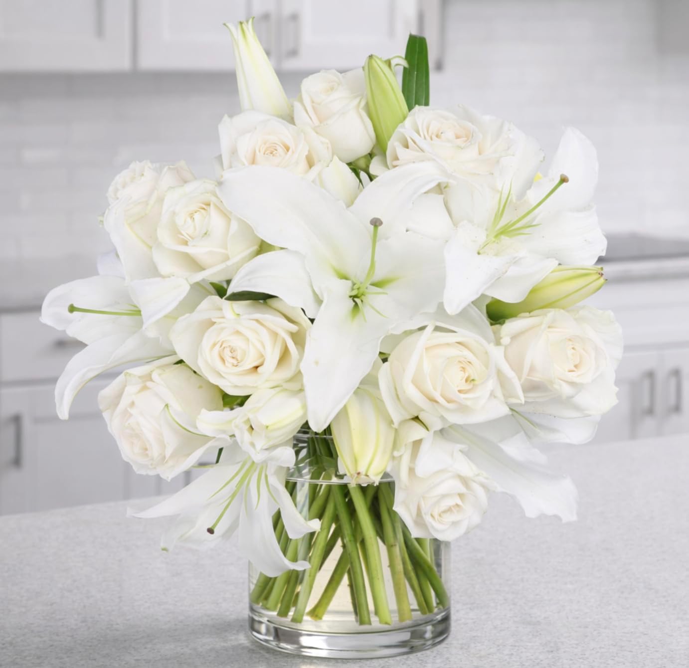 BloomsyBox – Elegant White Lilies & Roses (Glass Vase Included) – Fresh Flowers for Delivery – Special for Birthday, Sympathy, Get Well, Anniversary, Congratulations