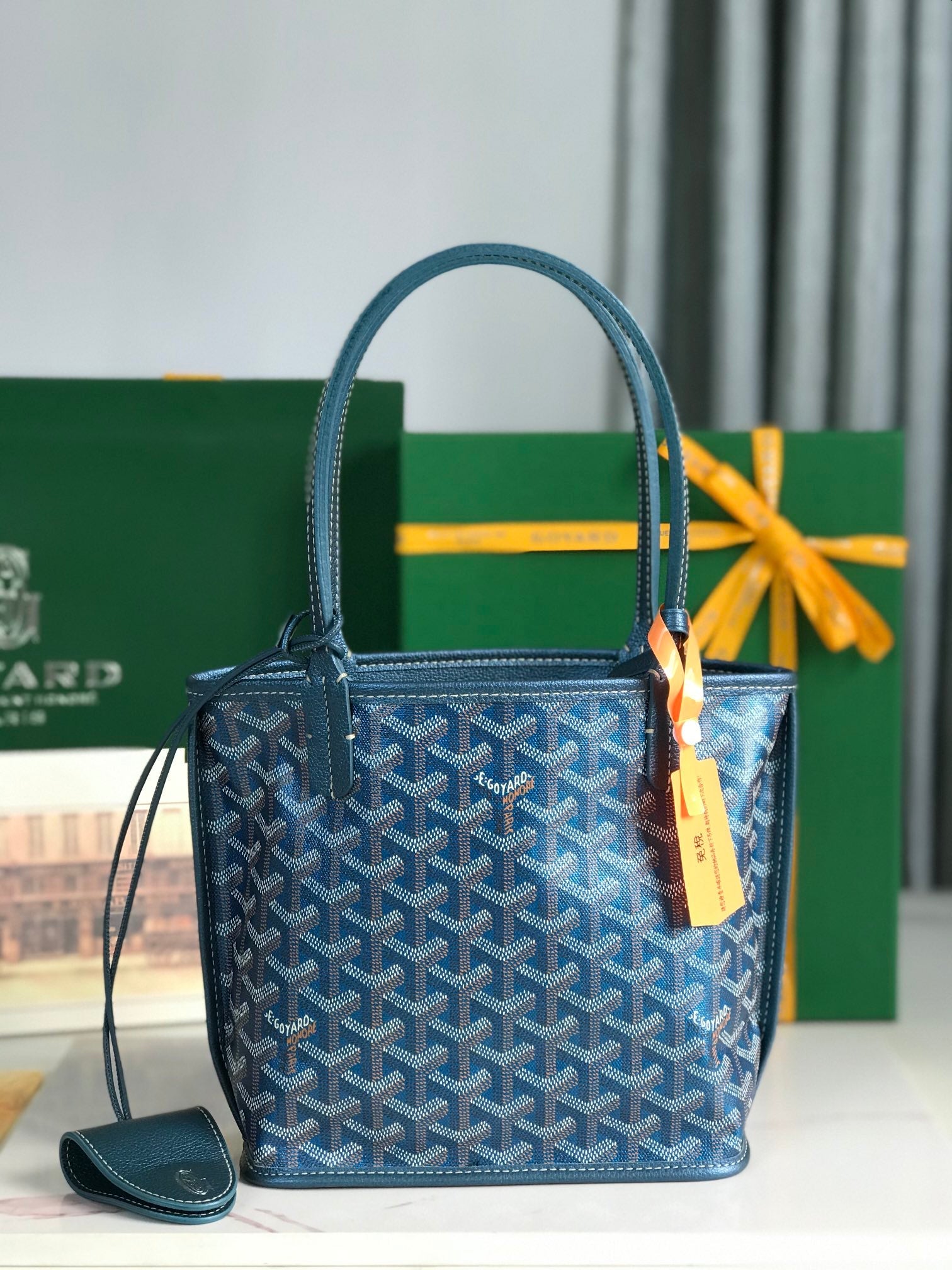 Goyard Anjou Mini Bag 20Cm Deep Blue Canvas Chevroches Calfskin