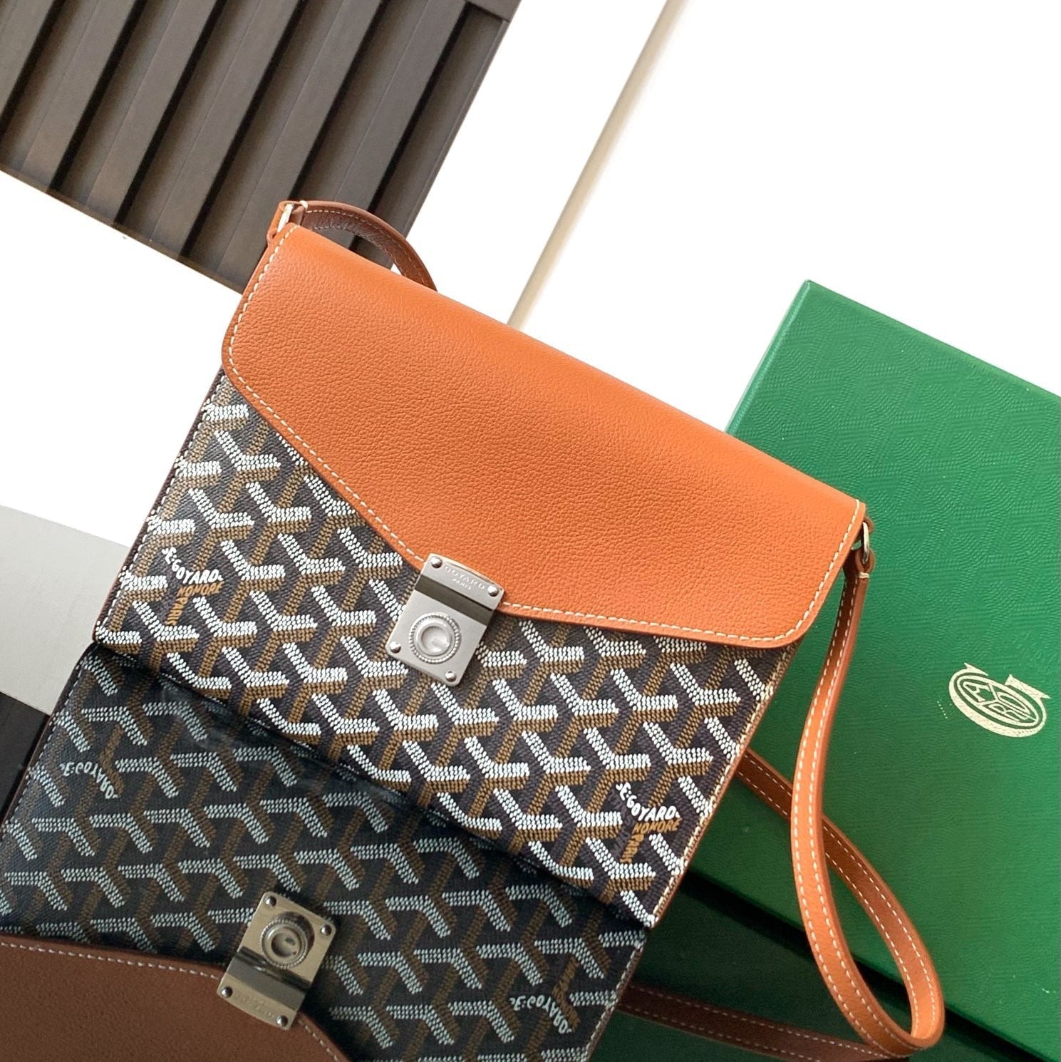 Goyard Chypre Wallet-Pouch 21 Cm Black Goyardine Canvas And Tan Calfskin