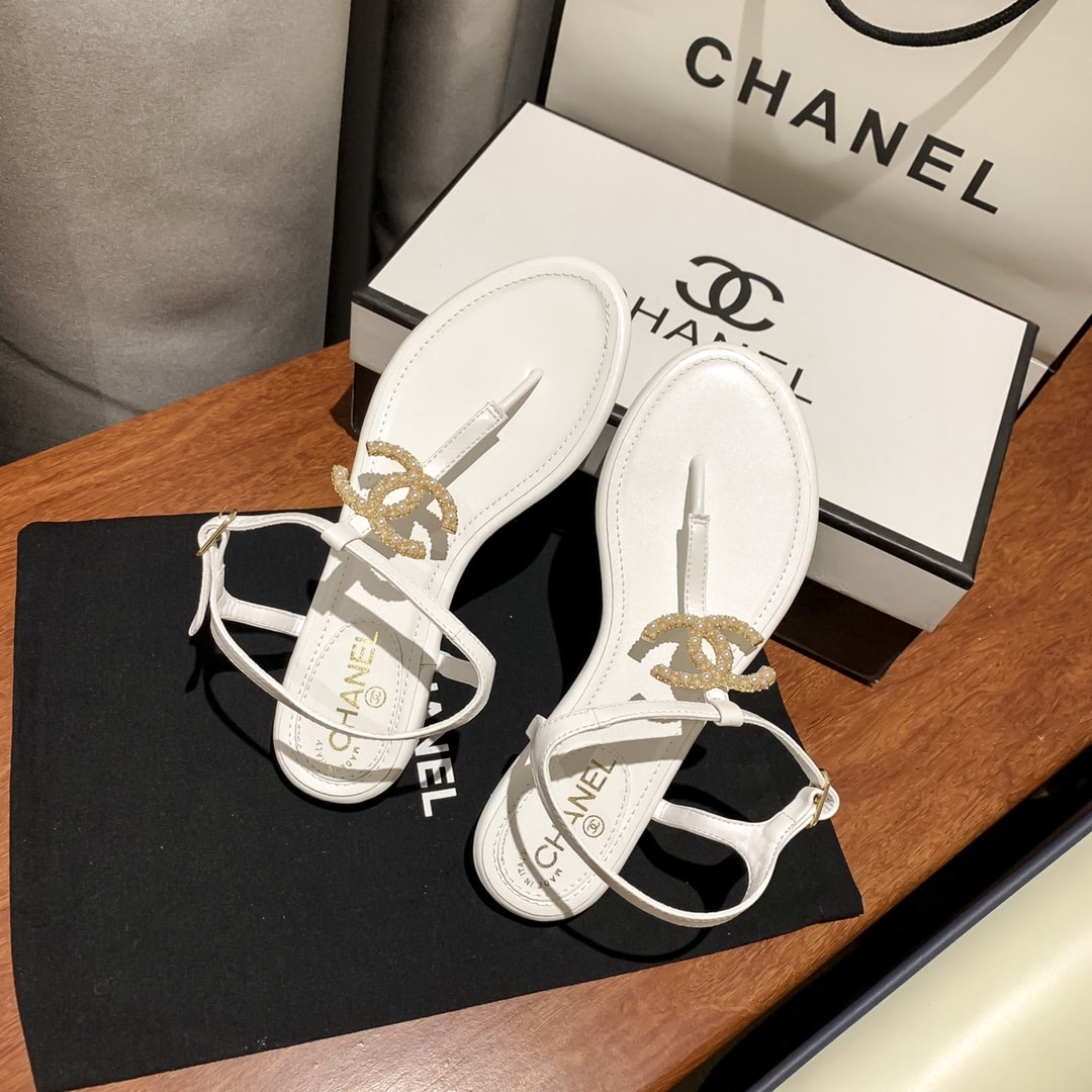Chanel Gold Pearl Cc Logo Thong Sandals White