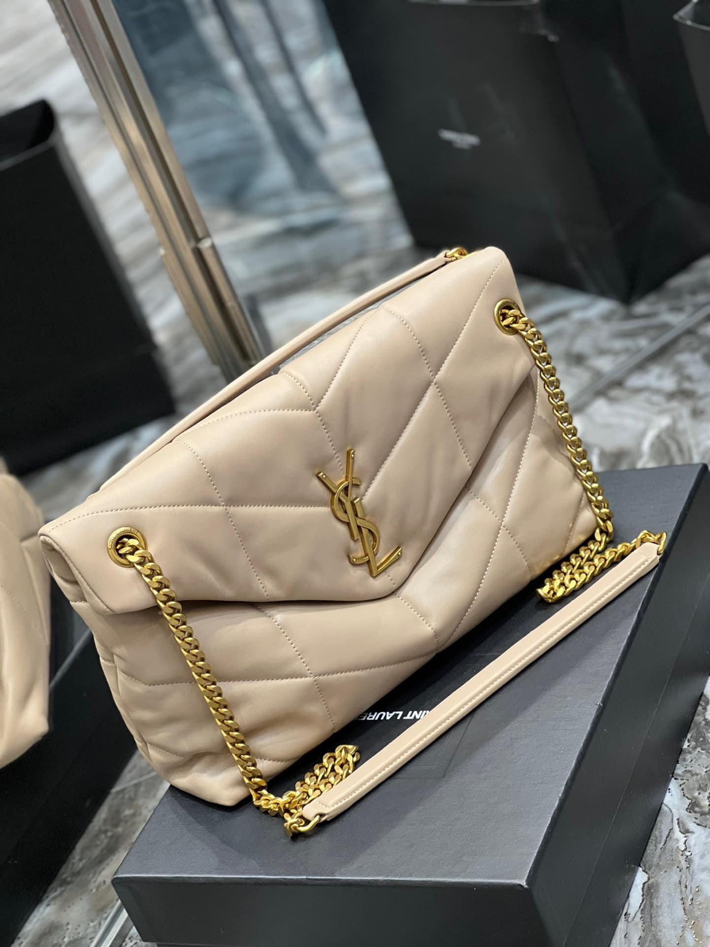 Saint Laurent Puffer Medium Chain Bag In Quilted Beige