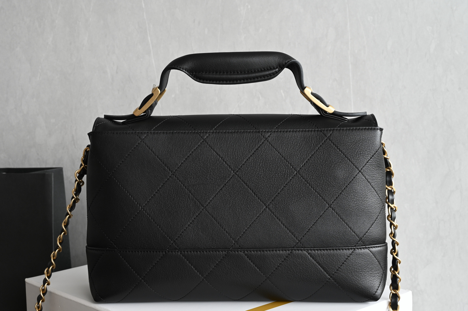 Top Handle Flap Bag (Handle Messenger Bag) in Black Quilted Calfskin with Light Gold-Tone Hardware