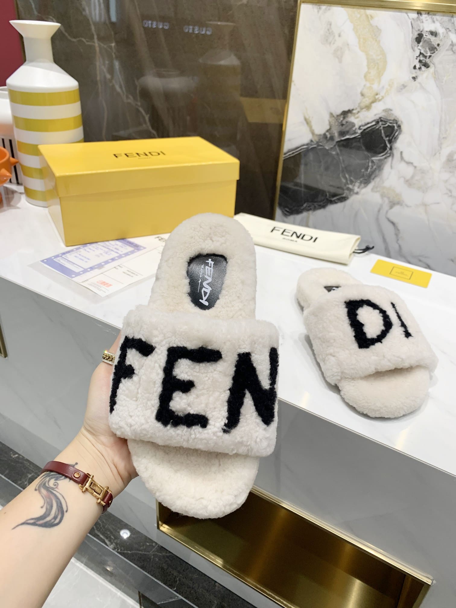 Fendi Shearling Slides White