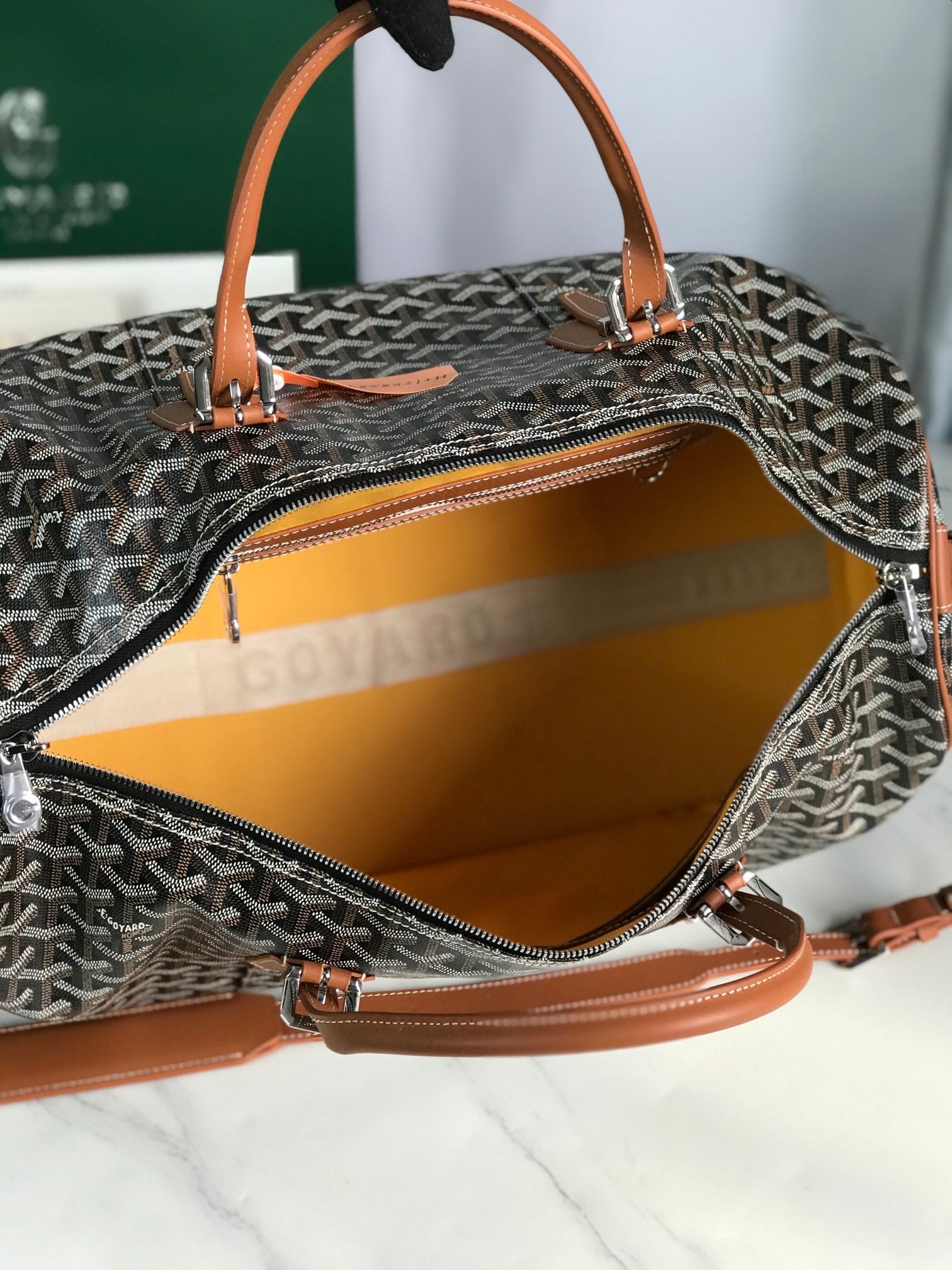 Goyard Boston 50 Bag Cm Black Goyardine Canvas And Tan Calfskin Trim