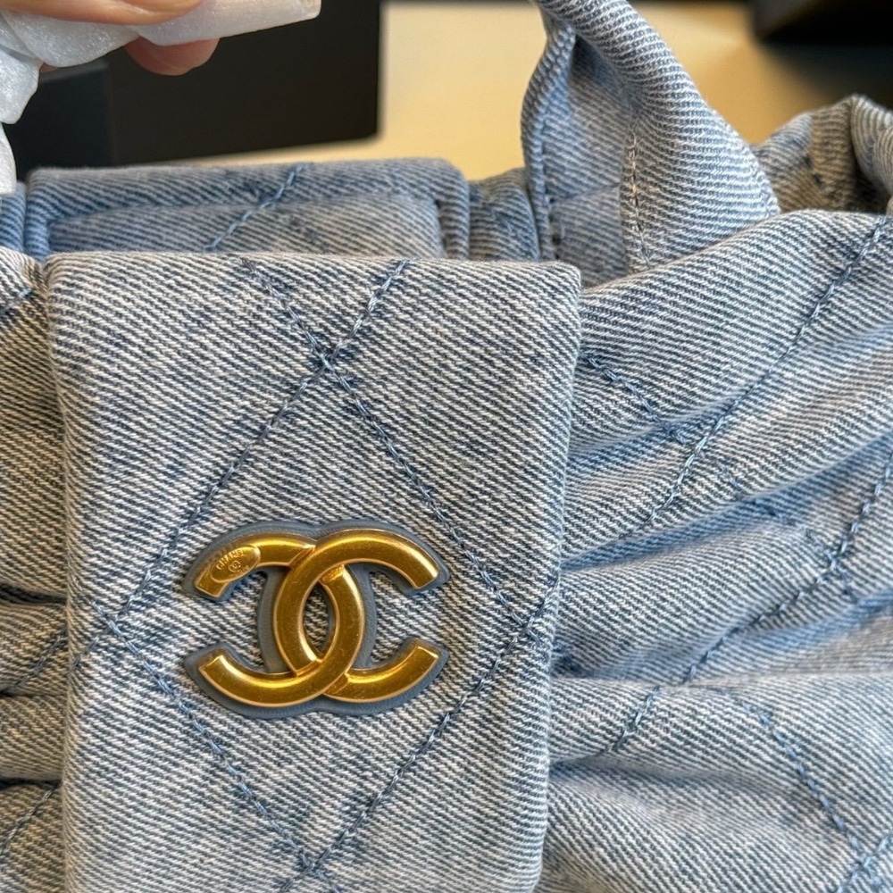 Chanel Mini Bow Bag Washed Denim And Gold Tone Metal Blue 21Cm
