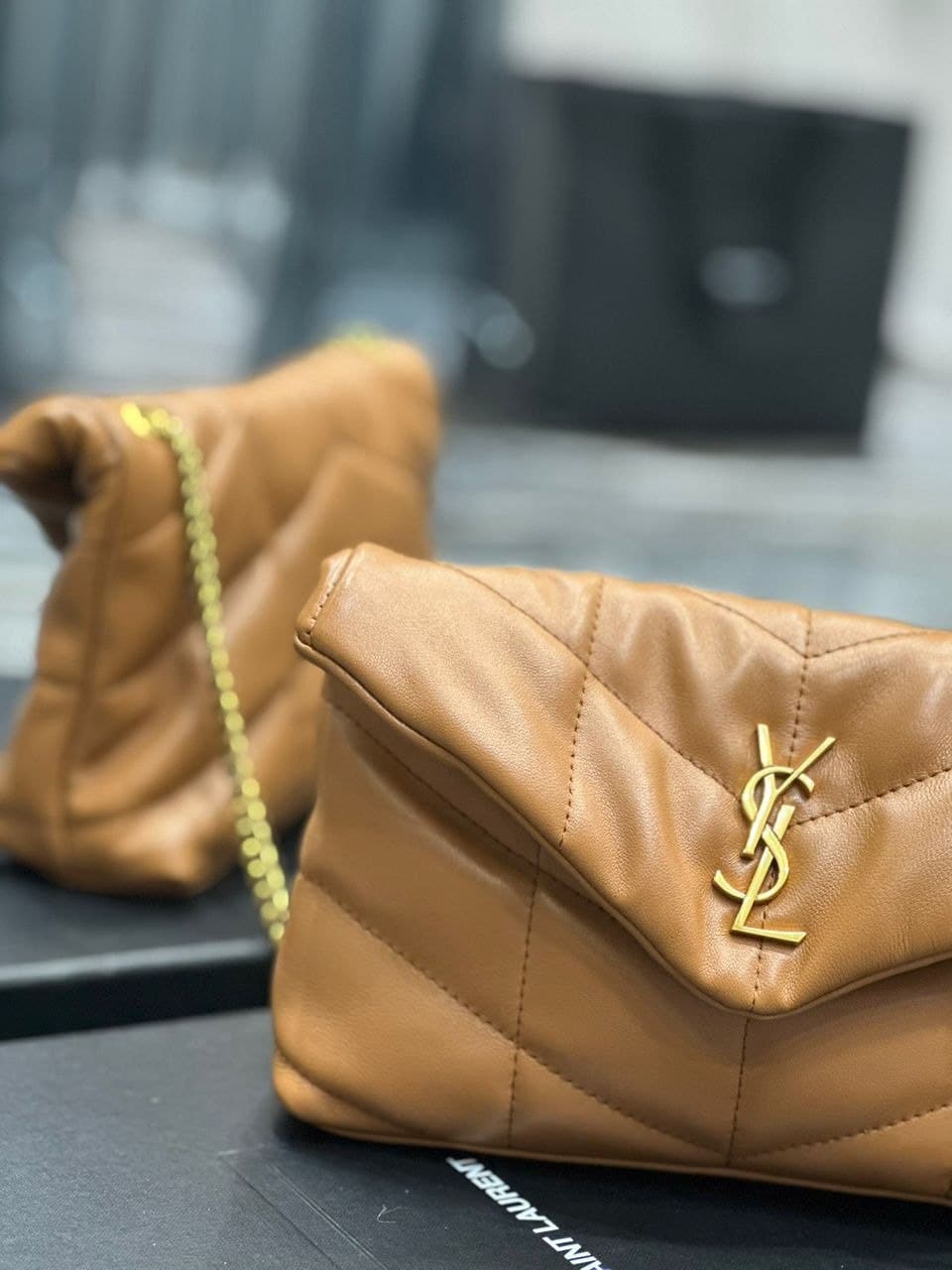 Saint Laurent Puffer Toy Bag In Quilted Light Brown 26Cm