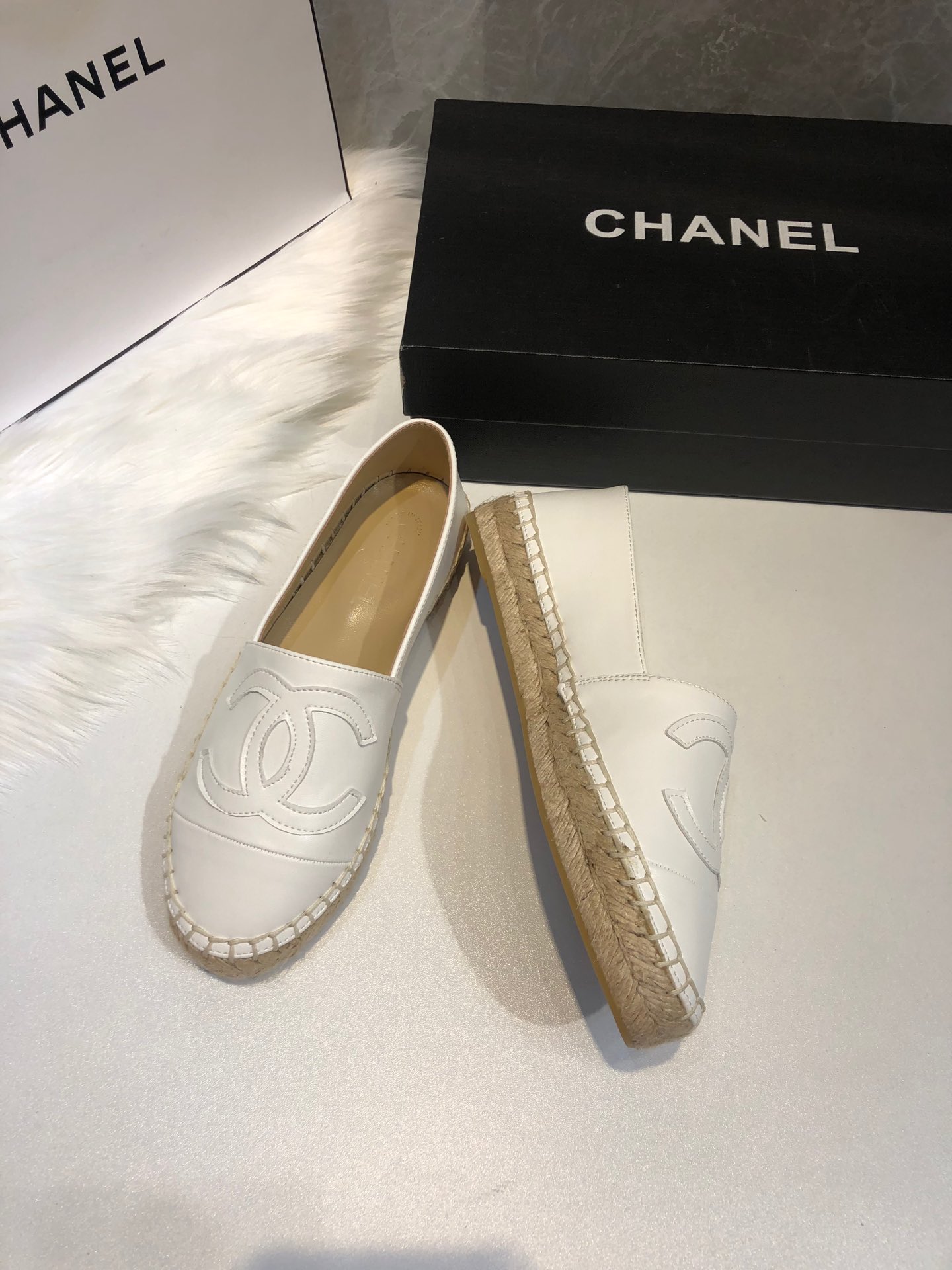 Chanel Embroidered Espadrille Leather Cap Toe Flats White