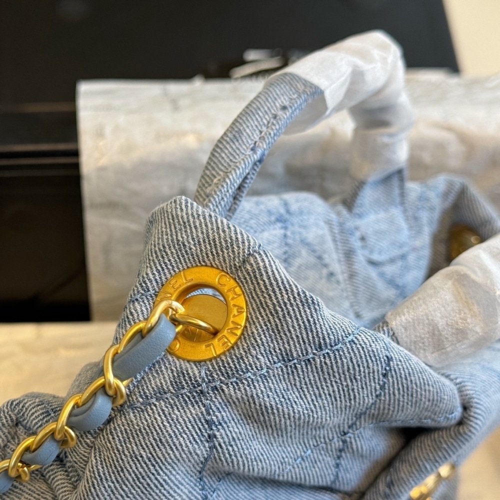 Chanel Mini Bow Bag Washed Denim And Gold Tone Metal Blue 21Cm