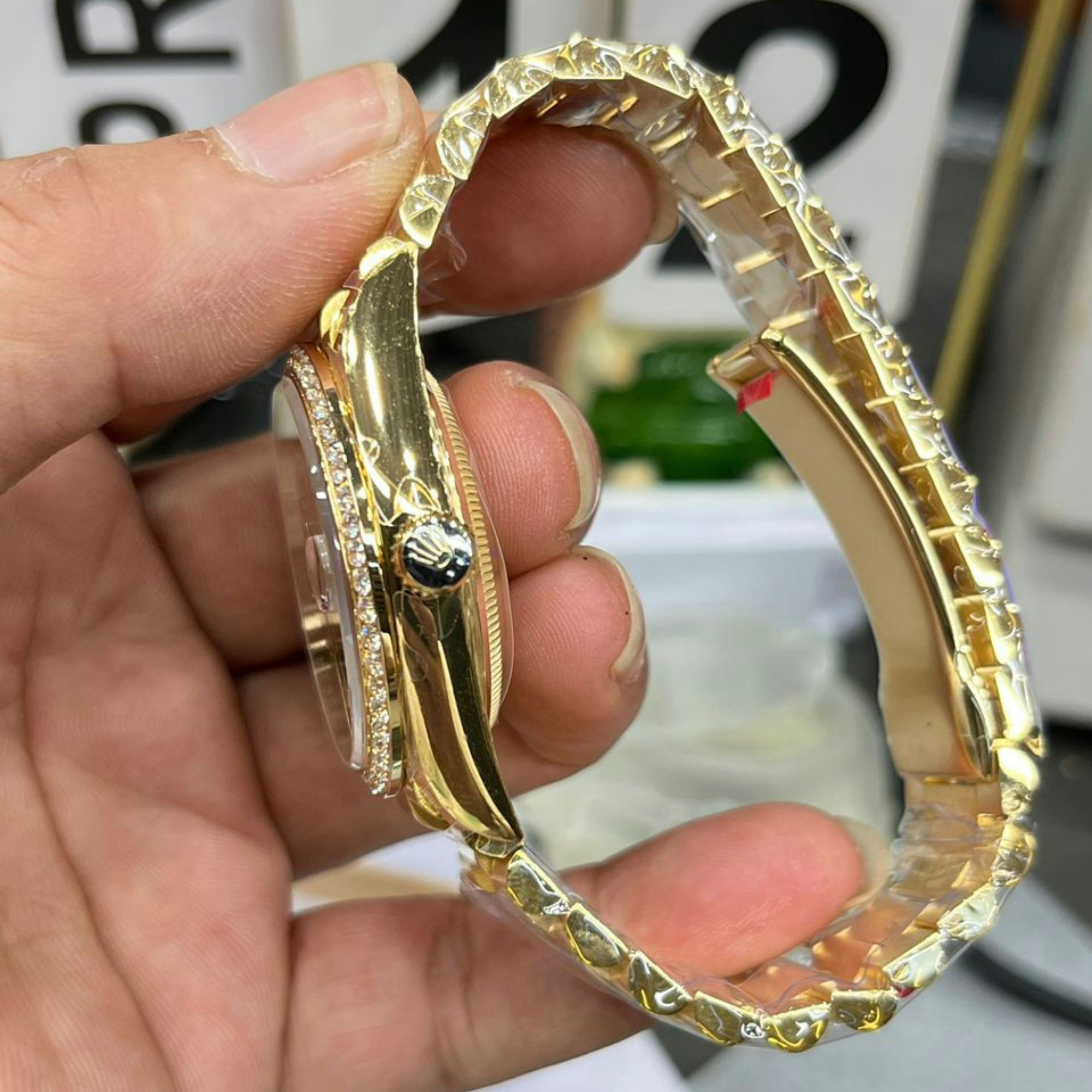 [SUPER CLONE] Rolex Yellow Gold Day-Date Diamond Bezel Onyx Green Dial President Bracelet 36mm