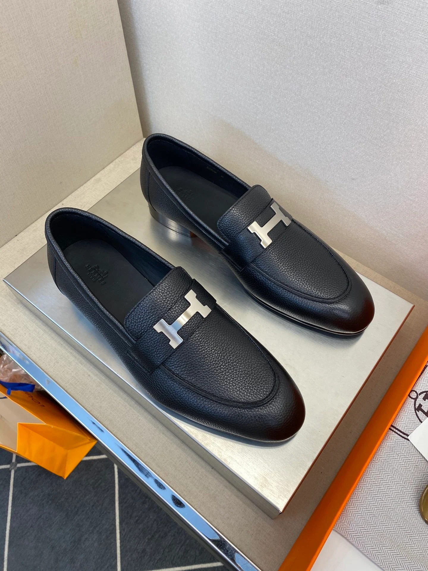 Hermes H-Buckle Black Leather Loafers- Shoes for Men