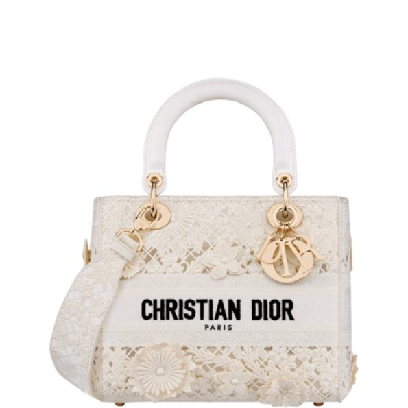 DIOR MEDIUM LADY D-LITE BAG WHITE D-LACE EMBROIDERY WITH 3D MACRAME EFFECT 24CM