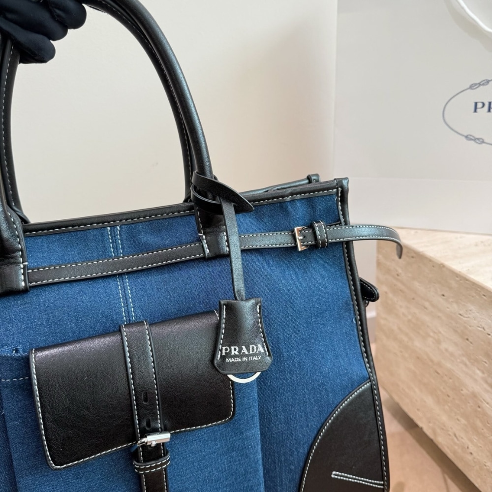 Prada Bonnie Large Denim Handbag Blue Black 38cm