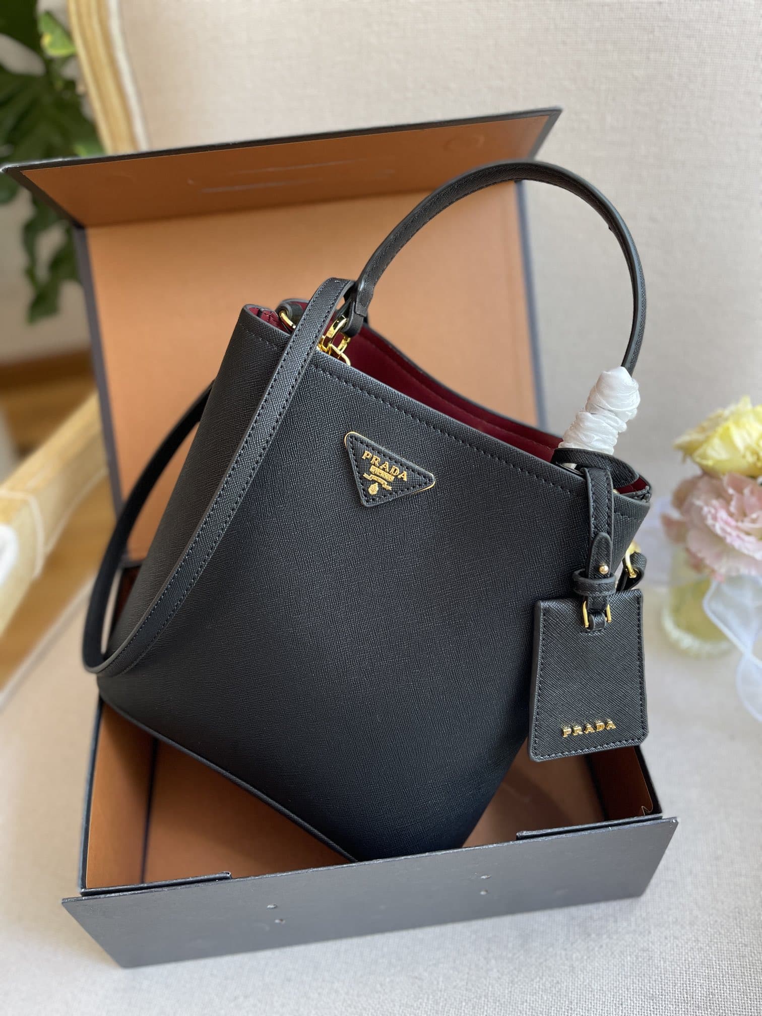 Prada Medium Saffiano Leather Panier Bag Black