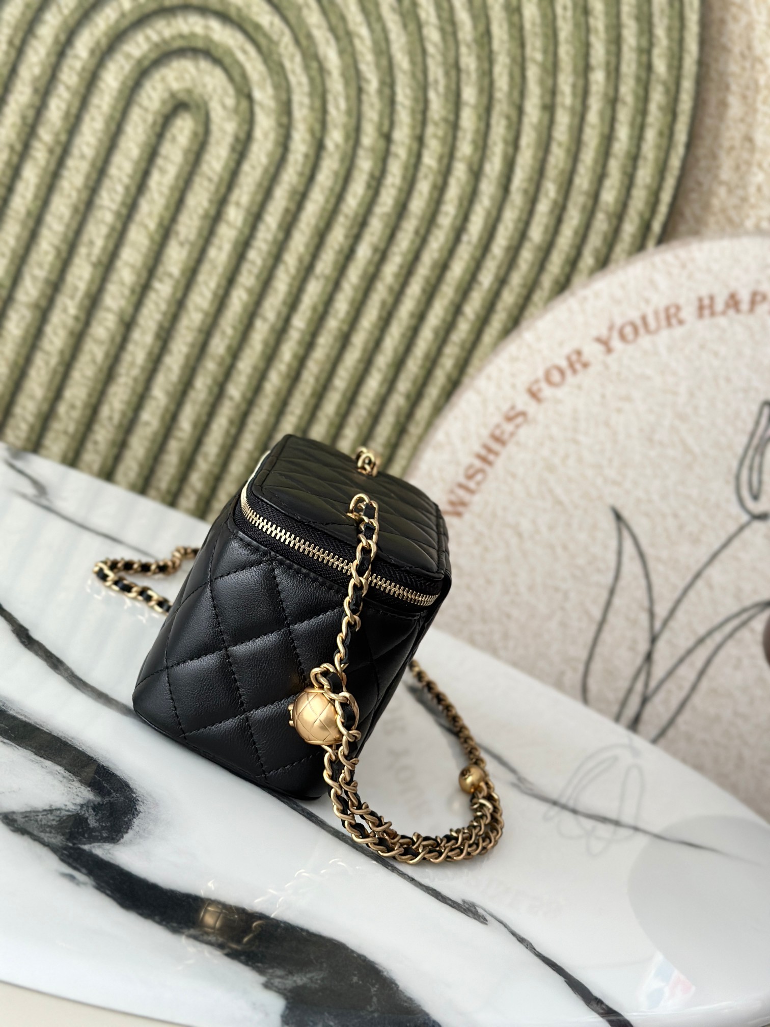 Mini Rectangular Vanity Case with Adjustable Ball Chain in Black Quilted Lambskin with Gold-Tone Hardware