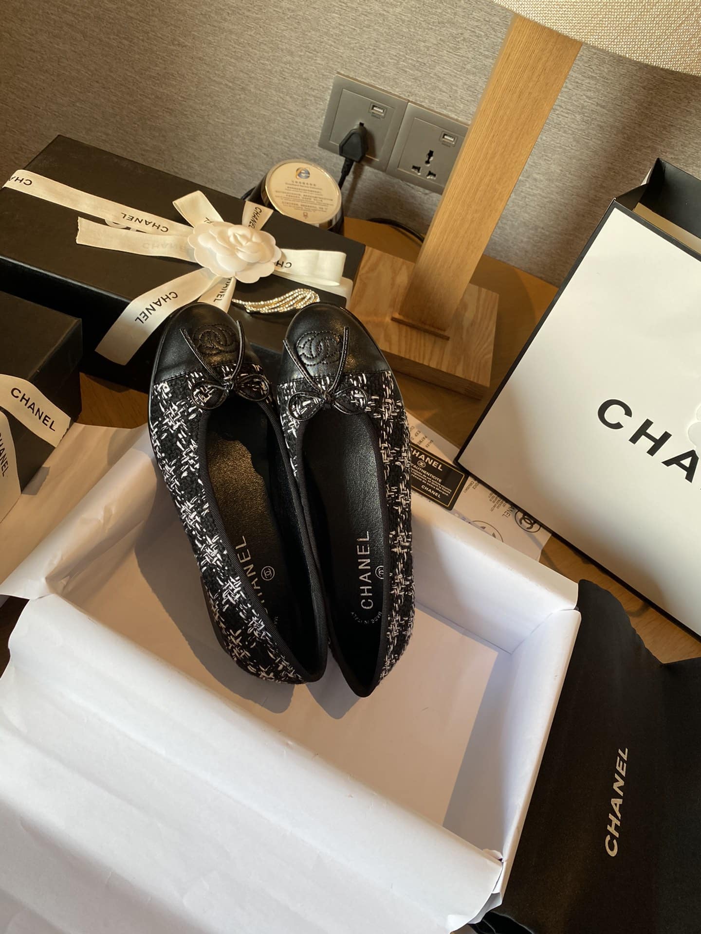 Chanel Plain Toe Rubber Sole Casual Style Tweed Black