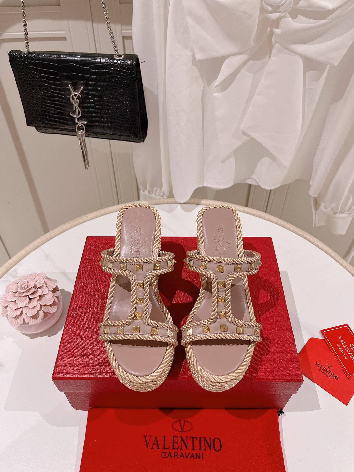 Valentino Rockstud Wedge In Calfskin Beige